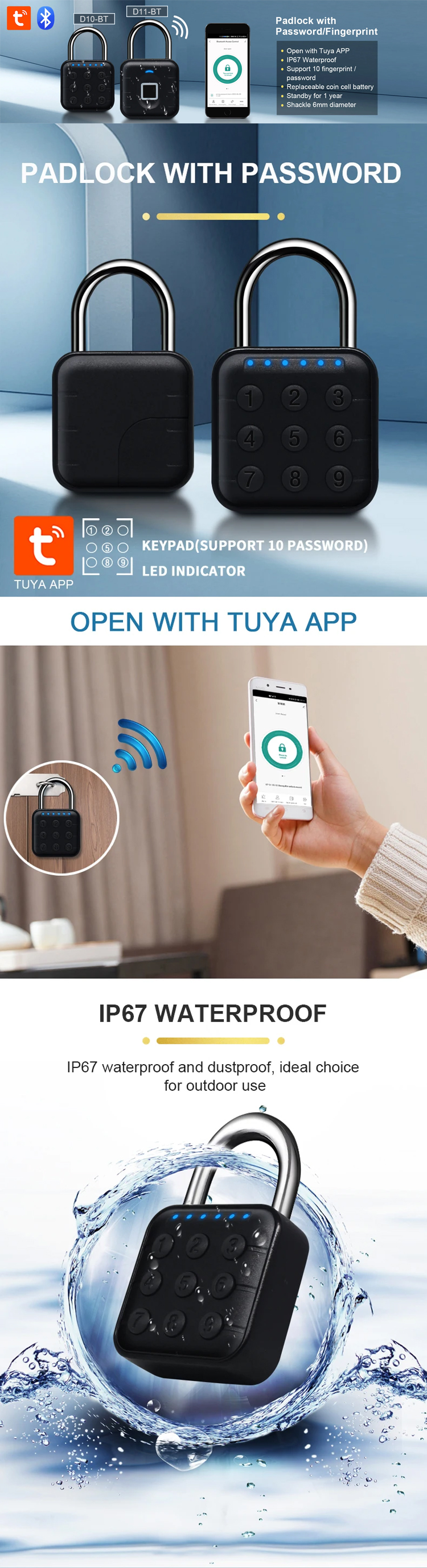 Cadenas à empreinte digitale Bluetooth Tuya avec code PIN